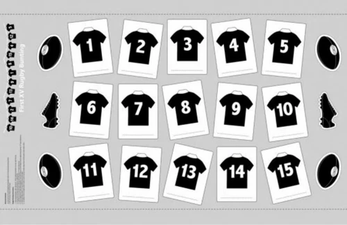 Rugby Bunting First 15 jerseys fabric panel 60cm x 110cm (24" x 42" approx)