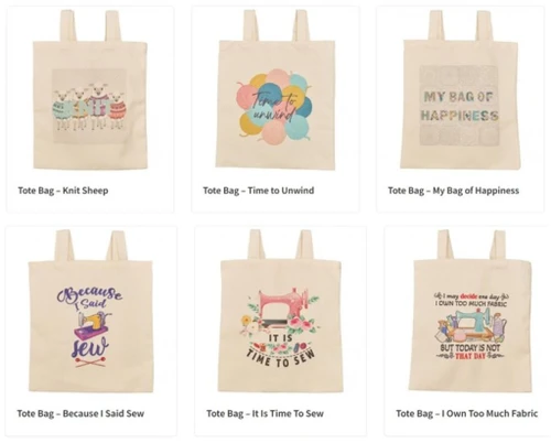 Project Tote Bag 38cm x41cm - 3 knitting and 3 sewing themes - for shopping or craft use