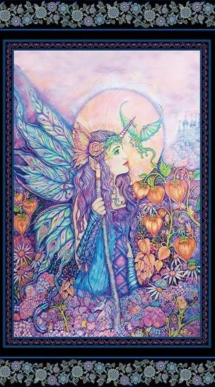 Fairy Enchantment with Castles & Dragons patchwork & quilting fabric panel 60cm x 112cm (24" x 42" approx)- by Donna Antonucci