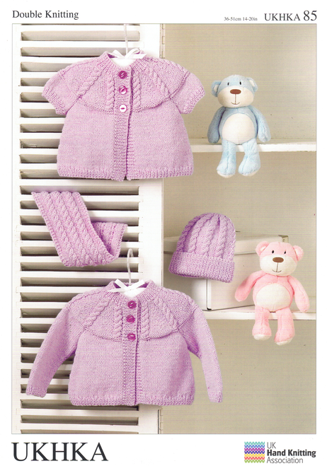 UKHKA-85 Cardi with cable yoke hat and Scarf in 8ply - Prem to 2 years