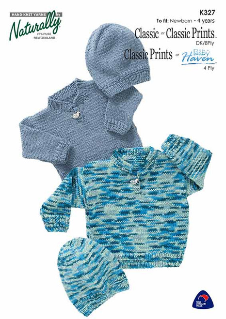 K327 Easy Knit Button Tab Jumper & Hat 4ply 8ply newborn to 4 years