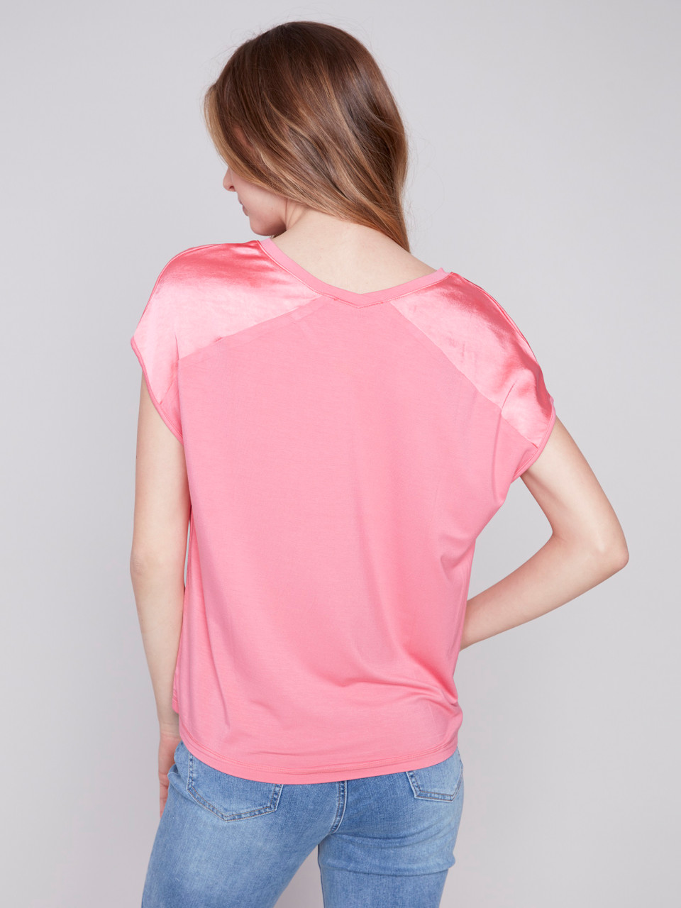 Ladies Charlie B Saitin and Knit Vneck - C1330RPK-416B