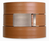 Light Brown Leather Ratchet Belt & Buckle Set - Brushed Silver