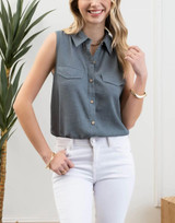Mine Collared Button Down Sleeveless Top