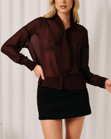 Sunday Edition Sheer Scarf Neck Button Down Blouse