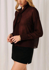 Sunday Edition Sheer Scarf Neck Button Down Blouse