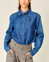 Aaron & Amber Ribbon Collar Denim Blouse Shirt