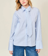 Aaron & Amber Blue Stripe Tie-Neck Blouse