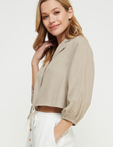Cropped Button Front Drawstring Shirt
