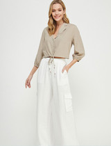 Cropped Button Front Drawstring Shirt