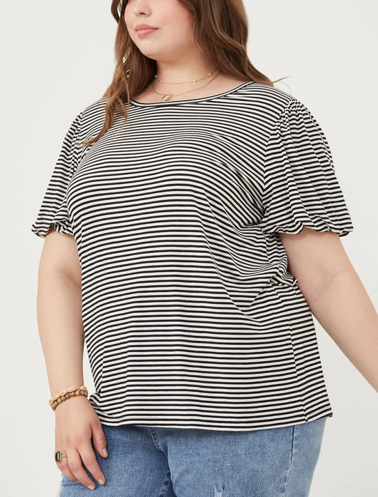 Plus Striped Puff Sleeve Topt