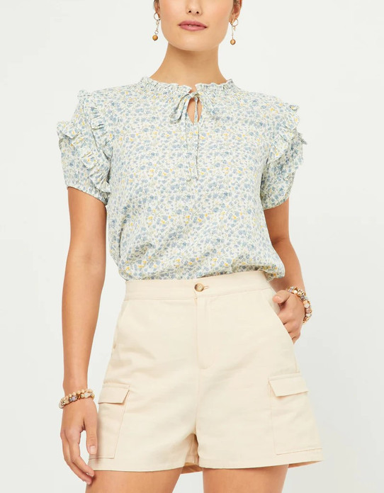 Ditsy Print Tie Neck Top