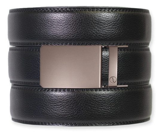 Black Leather Ratchet Belt & Buckle Set - Gun Metal
