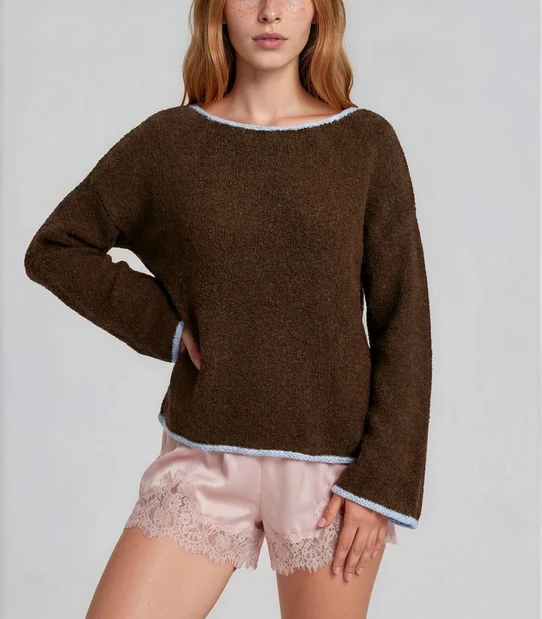 Blu Pepper Boat Neck Contrast Knit Sweater