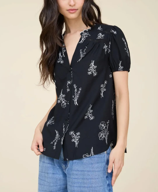 Blu Pepper Floral Print Split Neck Button Down Linen Top