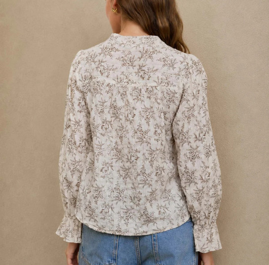Blu Pepper Floral Leaf Print Split Neck Blouse