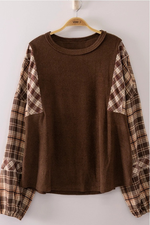 Very J Contrast Plaid Sleeve Top