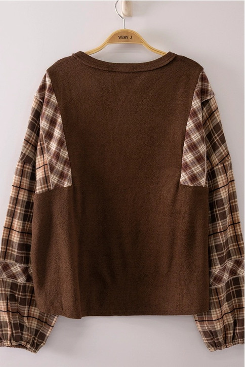 Very J Contrast Plaid Sleeve Top