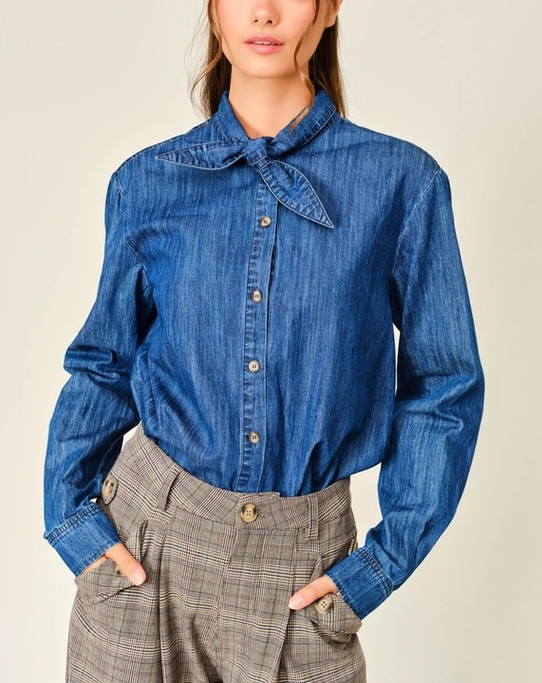 Aaron & Amber Ribbon Collar Denim Blouse Shirt