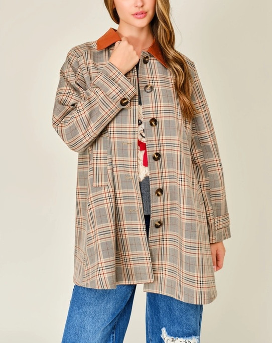 Aaron & Amber Plaid Button Down Trench Coat
