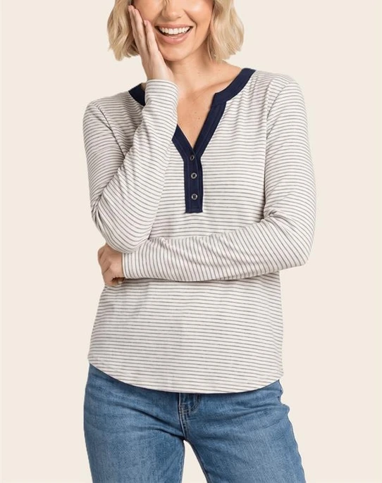 Staccato Split Neck Striped Knit Top