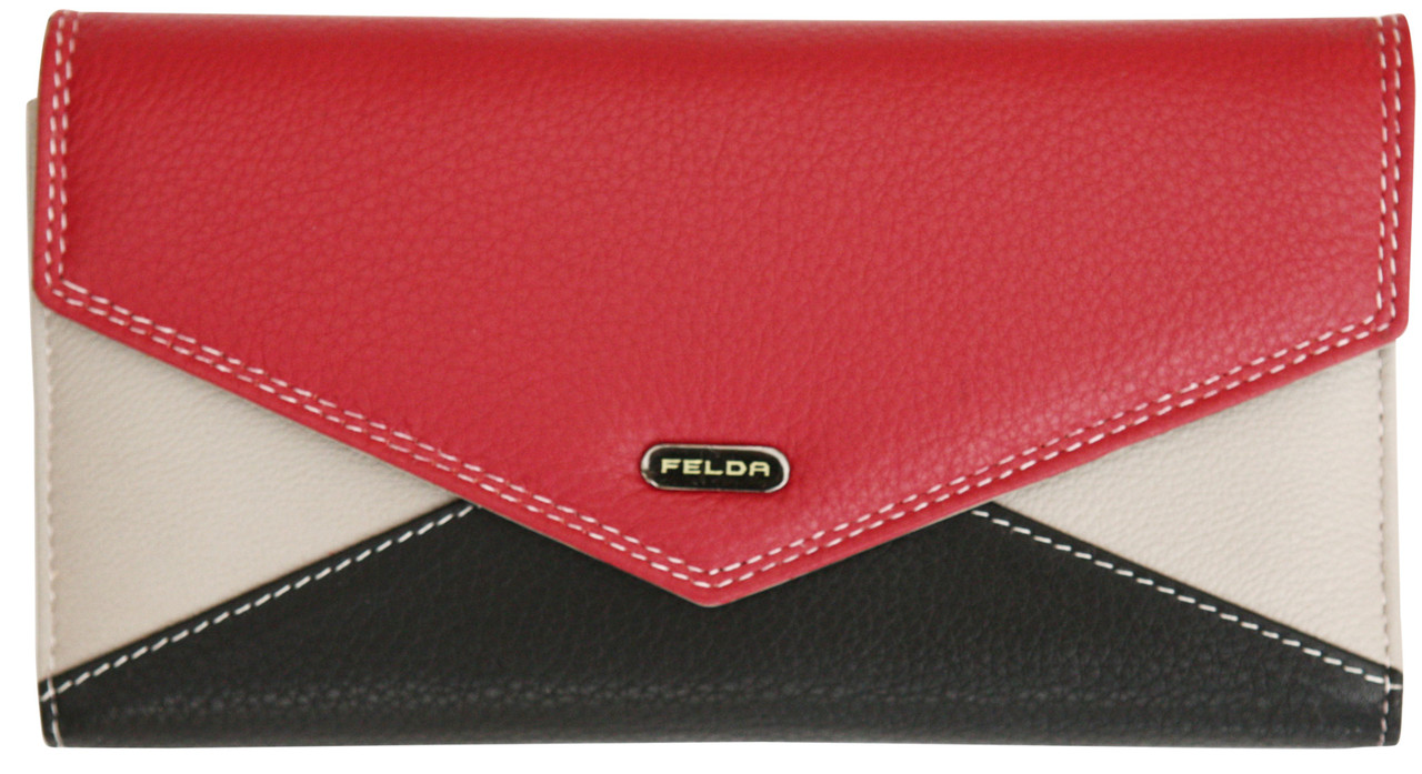 Felda Genuine Leather Purse - RFID Protection and 13 Credit Card Slots - Red Multi