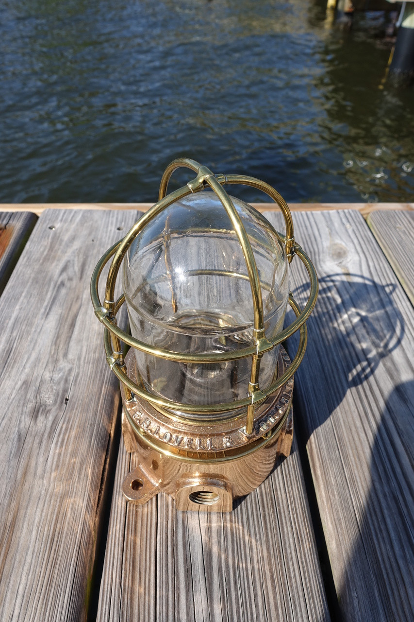 Straight Passageway Brass Ship's Lightw/wire cage-Highly Polished