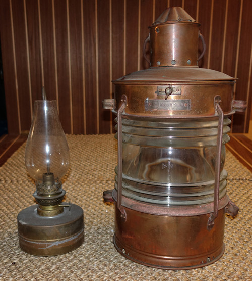 Vintage 14 Brass Anchor Oil Lamp W/ Clear Fresnel Lens Ship