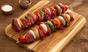 Pictured are tenderloin tips cut from the tenderloin.  Great for kabobs and stir fry.  Pictured as kabobs