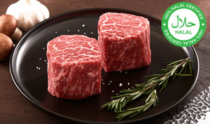 Pictured are 2 uncooked Linz Heritage Angus Halal Tenderloin Filets USDA Prime