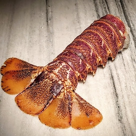 Pictured is a cooked Tristan lobster Tail on a cutting board
