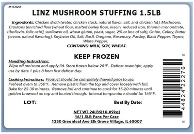 Ingredients:  Chicken Broth (water, chicken stock, natural flavor, salt, and chicken fat), Mushroom, Croutons (enriched flour [wheat flour, malted barley flour, niacin, reduced iron, thiamin mononitrate, riboflavin, folic acid], sunflower oil, wheat gluten, yeast, sugar, 2% or less of salt), Onion, Celery, Butter (cream, natural flavoring), Soybean Oil, Salt, Basil, Oregano, Rosemary, Parsley, Black Pepper, Thyme, White Pepper