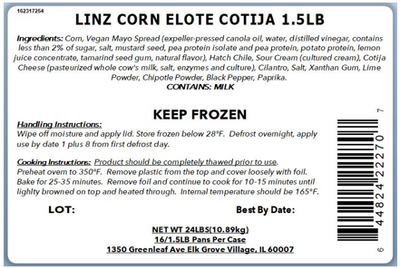 Ingredients:  Corn, Vegan Mayo Spread (expeller-pressed canola oil, water, distilled vinegar, contains less than 2% of sugar, salt, mustard seed, pea protein isolate and pea protein, potato protein, lemon juice concentrate, tamarind seed gum, natural flavor), Hatch Chile, Sour Cream (cultured cream), Cotija Cheese (pasteurized whole cow's milk, salt, enzymes and culture), Cilantro, Salt, Xanthan Gum, Lime Powder, Chipotle Powder, Black Pepper, Paprika.