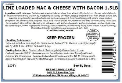 Ingredients:  Milk, Macaroni Pasta (semolina [wheat], durum wheat flour, vitamin B3 [niacin], iron [ferrous sulfate],vitamin B1 [thiamine mononitrate], vitamin B2 [riboflavin], folic acid), Cheddar Cheese (pasteurized cow's milk, cheese culture, salt, enzymes, annatto [color], powdered cellulose [anti-caking agent]), American Cheese (milk, cream, water, sodium phosphate, salt, cheese culture, enzymes, lactic acid, sodium citrate, APO carotenal and beta carotene [color], sorbic acid [preservative]), Green Onion, Bacon (cured with water, salt, sodium phosphate, sodium erythorbate, sodium nitrite may also contain sugar, brown sugar smoke flavoring), Flour (wheat flour, malted barley flour), Butter (cream, natural flavoring), Panko Bread Crumbs (wheat flour, cane sugar, yeast, salt), Salt.