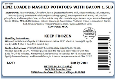 Ingredients:  Russet Potato, Cheddar Cheese (pasteurized cow's milk, cheese culture, salt, enzymes, annatto [color], powdered cellulose [anti-caking agent]), Bacon (cured with water, salt, sodium phosphate, sodium erythorbate, sodium nitrite may also contain sugar, brown sugar smoke flavoring), Green Onion, Milk, Butter (cream, natural flavoring), Sour Cream (cultured cream), Granulated Garlic, Salt, Onion Powder, Vinegar Powder, Black Pepper, Xanthan Gum.