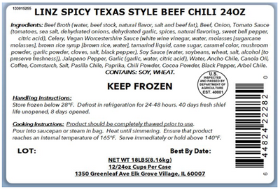 Ingredients:  Beef Broth (water, beef stock, natural flavor, salt and beef fat), Beef, Onion, Tomato Sauce (tomatoes, sea salt, dehydrated onions, dehydrated garlic, spices, natural flavoring, sweet bell pepper, citric acid), Celery, Vegan Worcestershire Sauce (white wine vinegar, water, molasses [sugarcane molasses], brown rice syrup [brown rice, water], tamarind liquid, cane sugar, caramel color, mushroom powder, garlic powder, cloves, salt, black pepper), Soy Sauce (water, soybeans, wheat, salt, alcohol [to preserve freshness]), Jalapeno Pepper, Garlic (garlic, water, citric acid), Water, Ancho Chile, Canola Oil, Coffee, Cornstarch, Salt, Pasilla Chile, Paprika, Chili Powder, Cocoa Powder, Black Pepper, Arbol Chile.