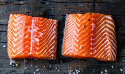 Pictured are uncooked Ora King Salmon fillets with salt and pepper garnish