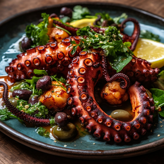 Pictured are cooked Fremantle Octopus Tentacles on a plate with lemon and herb garnish