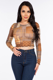 Plaid Patchwork Velvet Mesh Top - Front