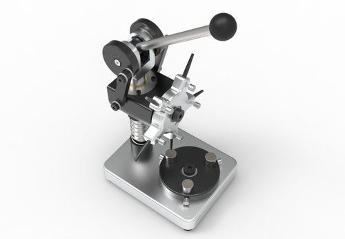 BIG STACKER hinge and rivet placement tool by SMALL BATCH TOOLS, clavulus-style tool for acetate eyewear manufacturing in a professional workshop.