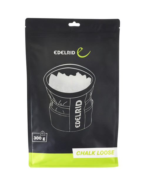 Edelrid loose chalk (300g) in a black and green pouch against a white background.