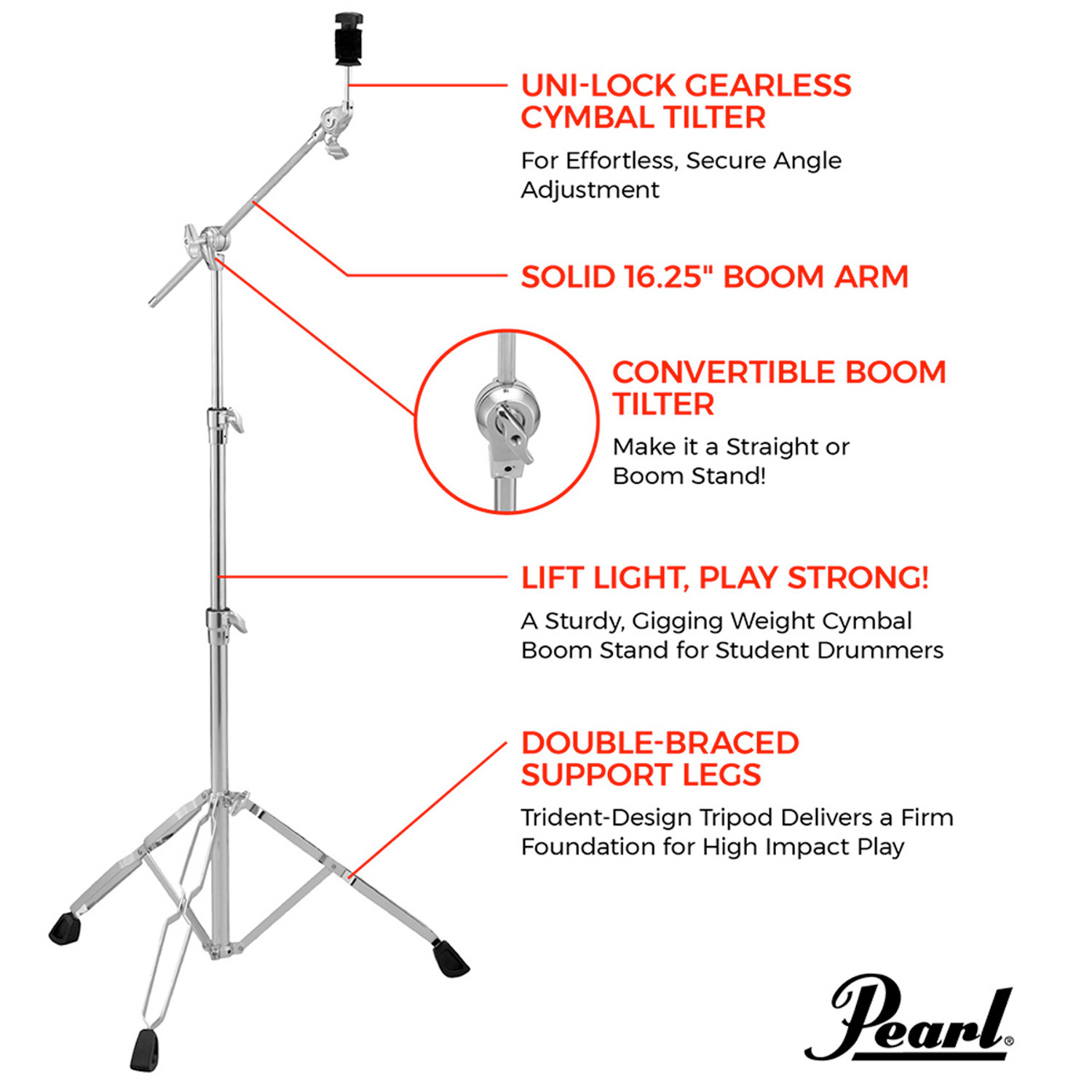 Pearl 830 Series Double-Braced Boom Cymbal Stand | Lightweight and