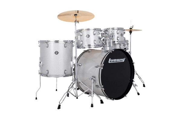 Ludwig Accent 5-piece Complete Drum Set with 20 inch Bass Drum and Wuhan Cymbals - Silver Sparkle