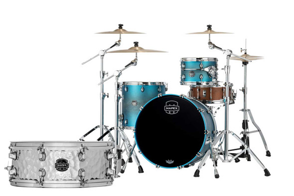 Mapex Saturn Evolution Hybrid Organic Rock 3pc Shell Pack in Exotic Azure Sunburst w/14x5.5 Mapex MPX Hammered Snare