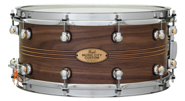 Pearl Music City Custom Solid Walnut 14"x6.5" Snare Drum NATURAL W/BOXWOOD-ROSE TRIBAND INLAY MCCW1465S/C1004