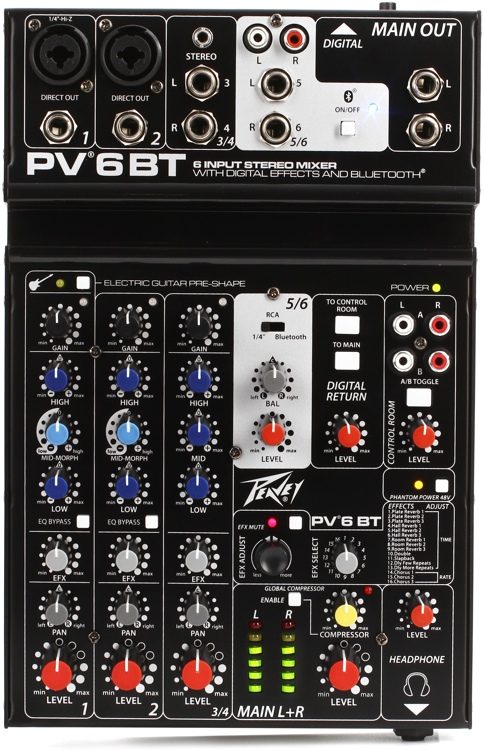Peavey PV 6 BT 6 Channel Compact Mixer Interface with Bluetooth