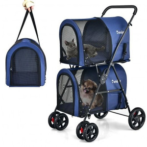4-in-1 Double Pet Stroller with Detachable Carrier and Travel Carriage-Blue - Color: Blue D681-PW10010NY