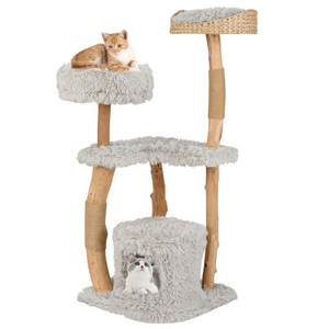 Solid Wood Cat Tower with Top Cattail Basket Cat Bed-Gray - Color: Gray D681-PV10101GR