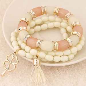 Golden Four-leaf Clover and Tassel Pendants Multi-layer Beads Fashion Bracelet - White A392-fabr1197