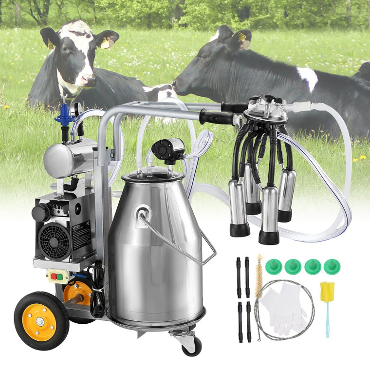 Electric Cow Milking Machine, 6.6 Gal / 25 L 304 Stainless Steel Bucket, Automatic Pulsation Vacuum E415-YDSJNJC25L3040BN2V1